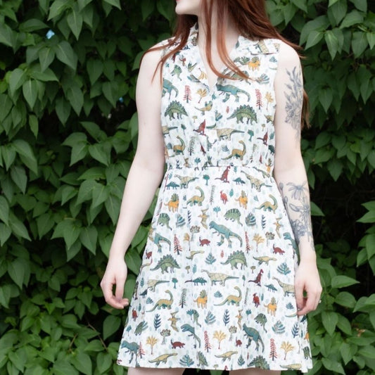 Customized Sleeveless Floral Pattern Dress Above Knee Length w/Stretchable Waist Design - Dinosaur