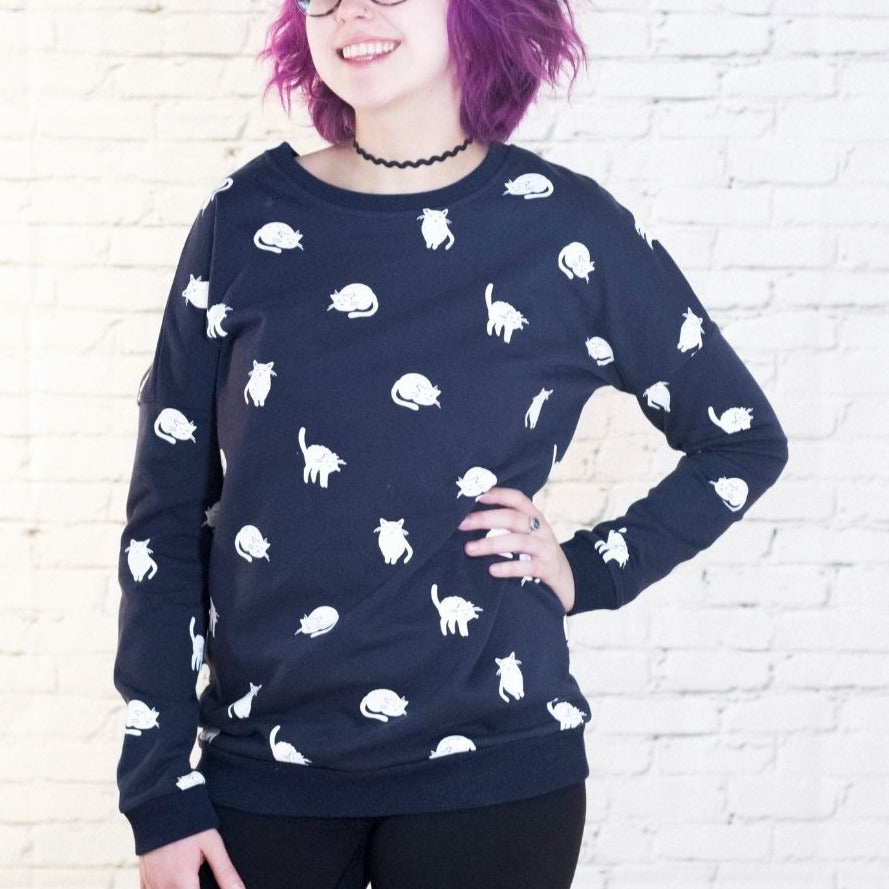 Women's Cotton Long Sleeve Graphic Sweatshirt Crewneck Pullover - Cat Navy