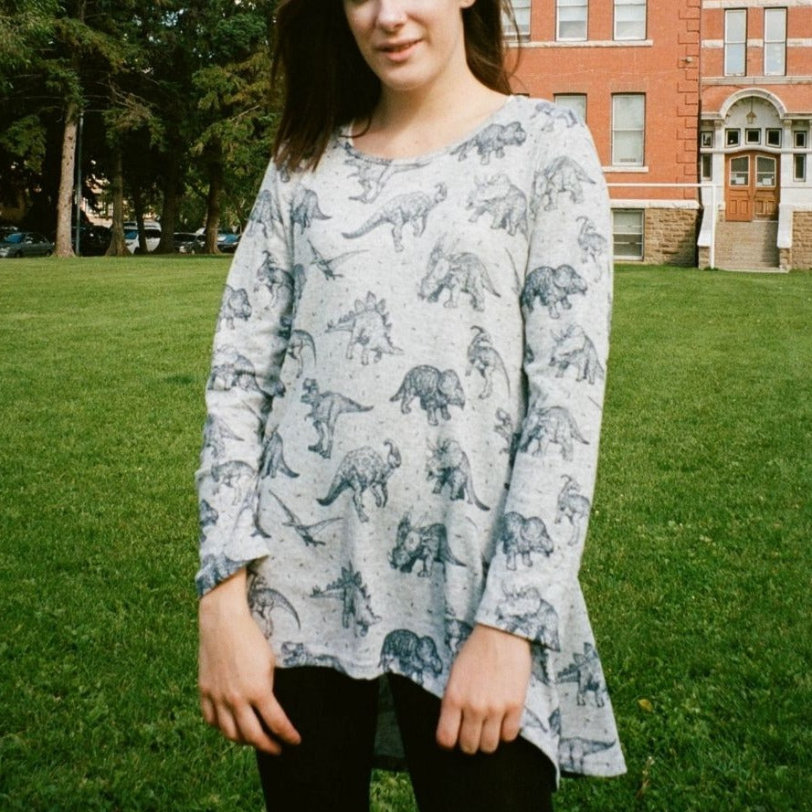 Dinosaur Pattern Women Tunic Tops Casual Soft Long Sleeve Loose-Fitting Oversized Shirts Hi-Lo Hem