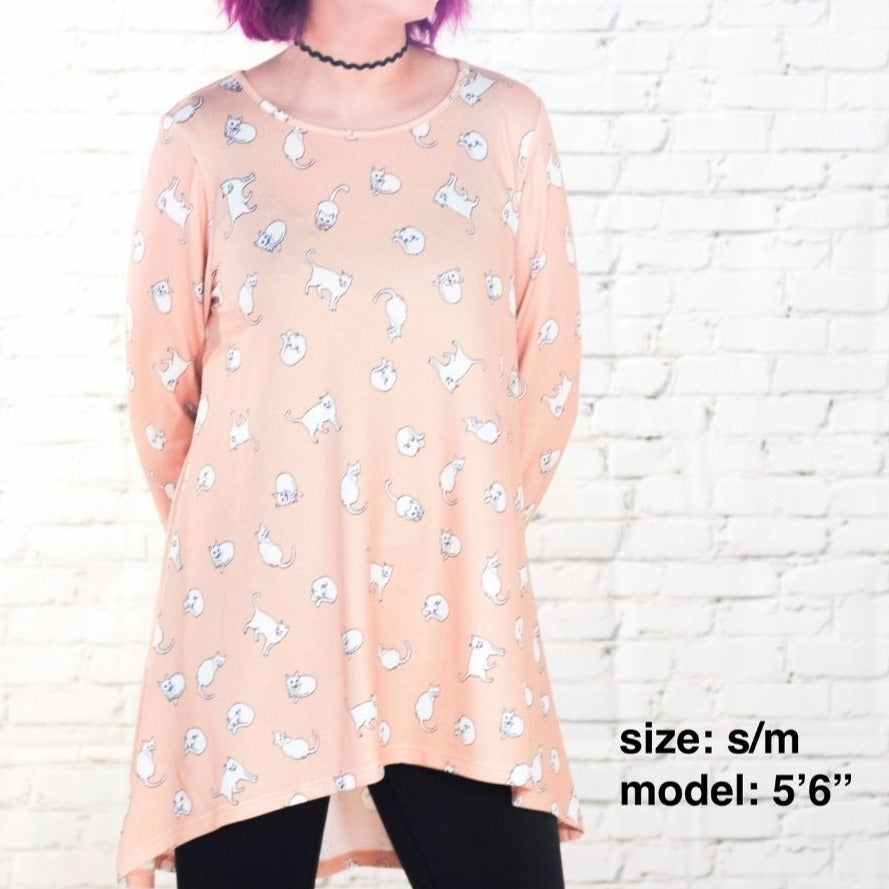 Cute Cat Pattern Women Tunic Tops Casual Soft Long Sleeve Loose-Fitting Oversized Shirts Hi-Lo Hem